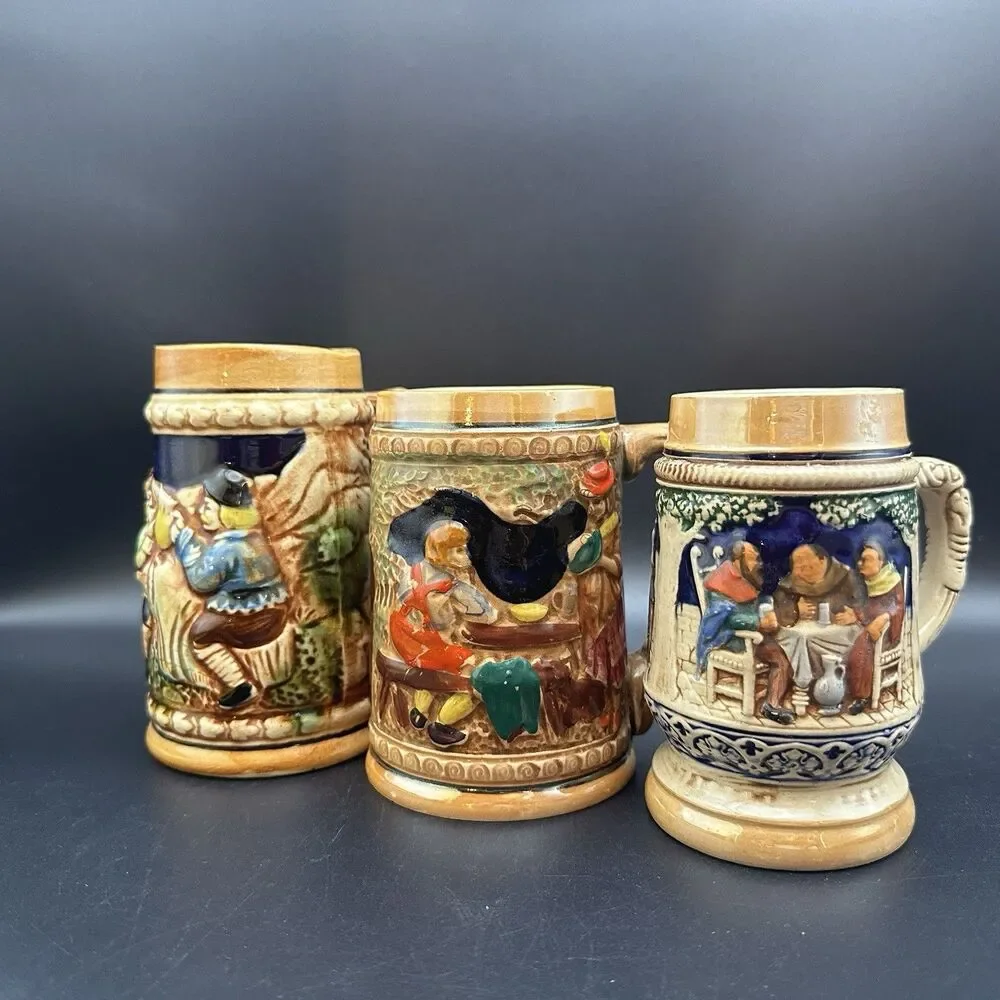 Vintage Mini Beer Steins Set of 3 Bavarian Tavern Monks Relief Ceramic Barware